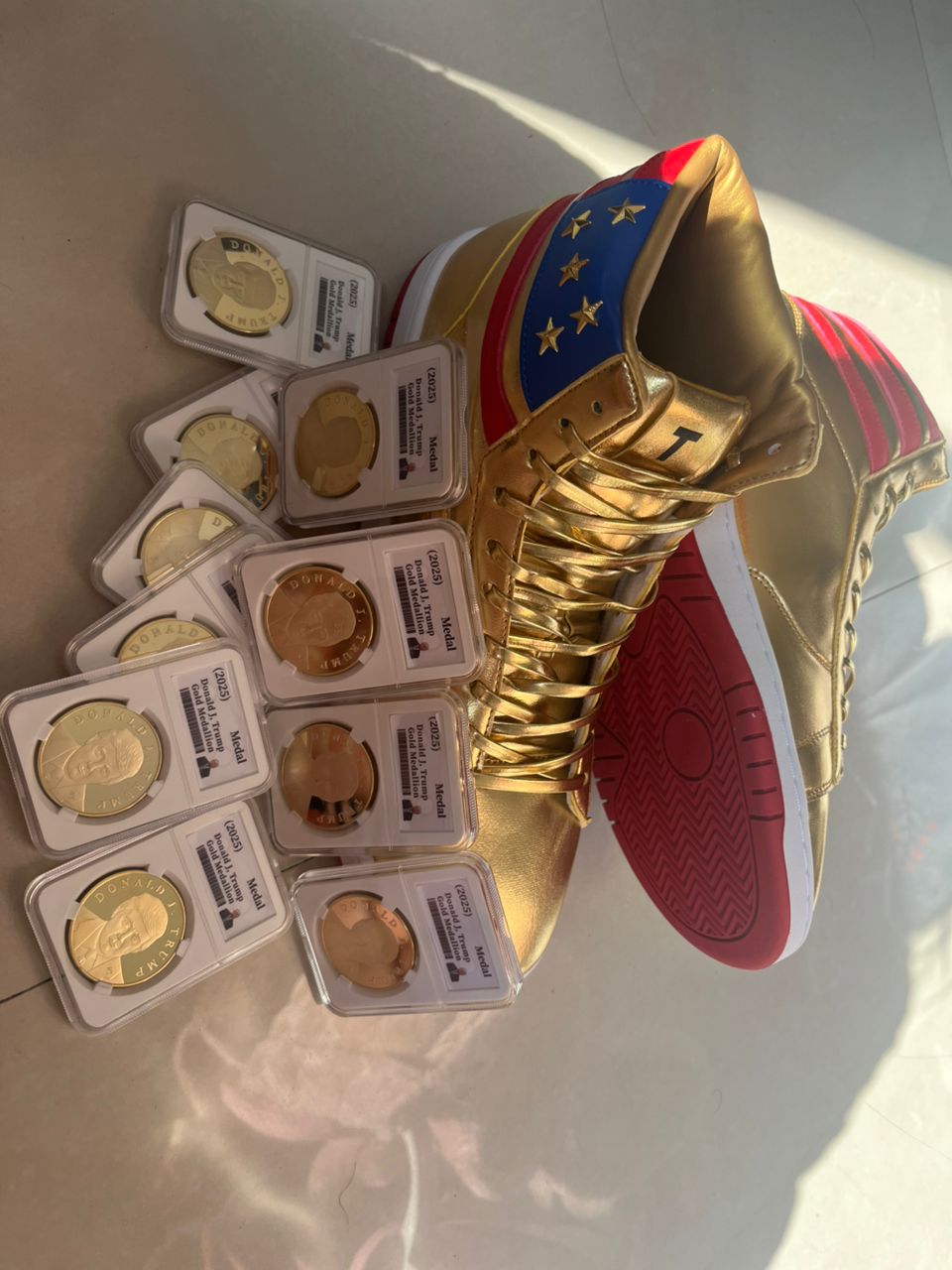 Trump High Top Sneakers +  10 x 2025 Gold Trump Coins  - Golden 47 President Bundle